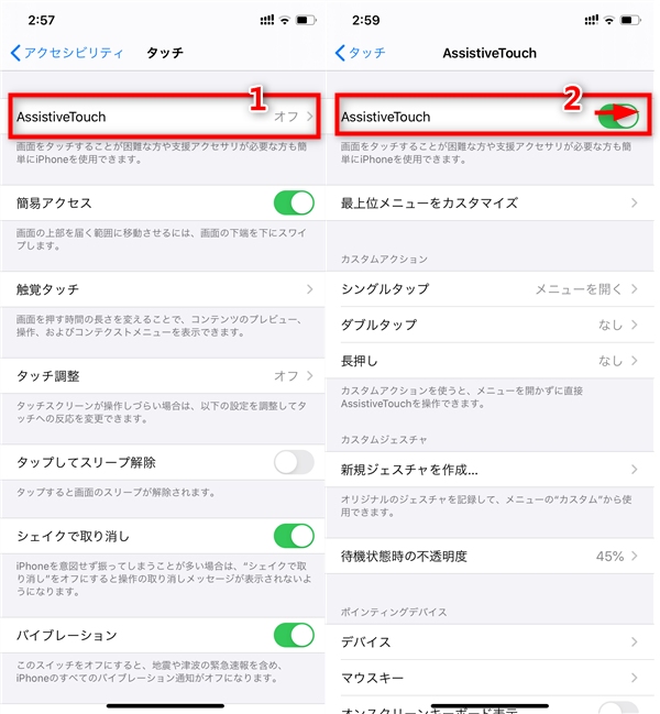 「AssistiveTouch」項目をオンにする