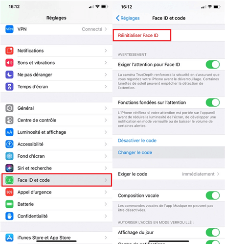 Réinitialiser Face ID 