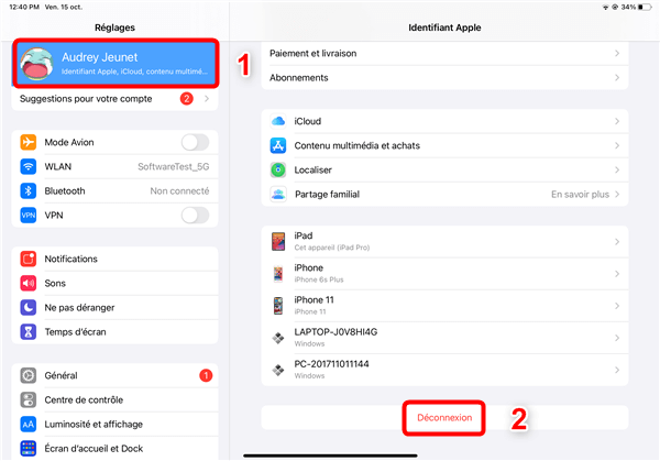 Deconnexion de l'identifiant Apple