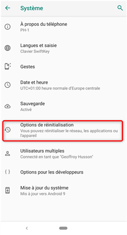 Accès au menu de la réinitialisation