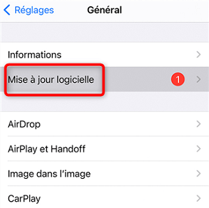 Accès aux paramètres de la mise à jour