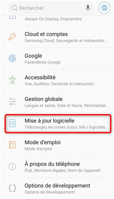 Ouverture du menu des mises à jour