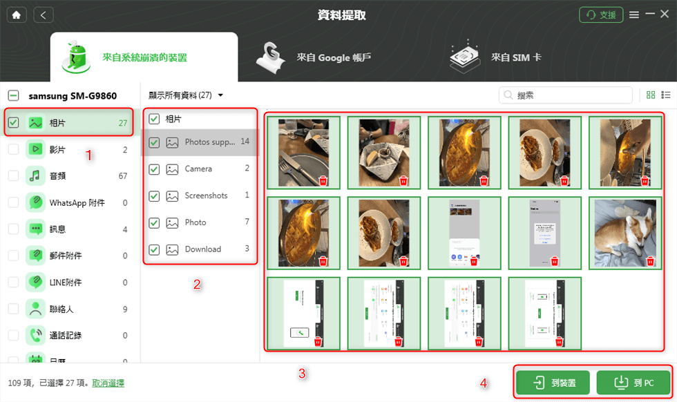 選擇恢復的資料